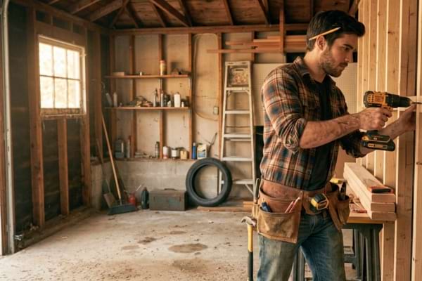 a young man working inside a partially renovated garage, installing wooden framing on the walls.