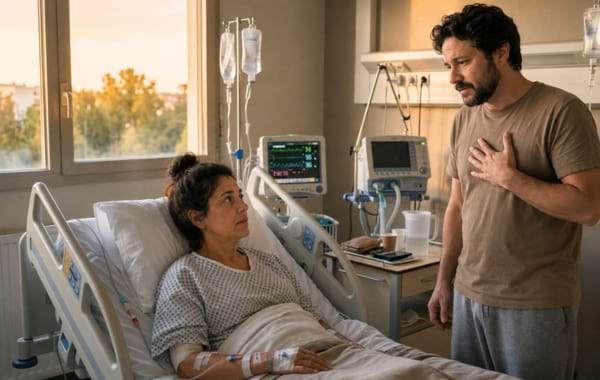  Une femme dans un lit m&eacute;dicalis&eacute;, les yeux ouverts, regardant un homme debout &agrave; c&ocirc;t&eacute; d'elle.