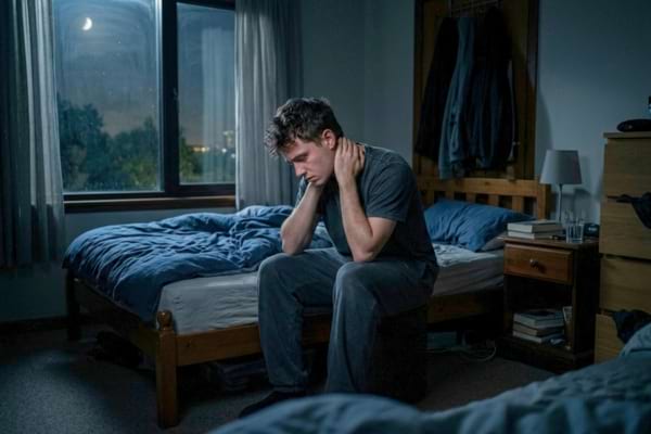Un jeune homme est assis sur le bord de son lit, l'air soucieux et épuisé