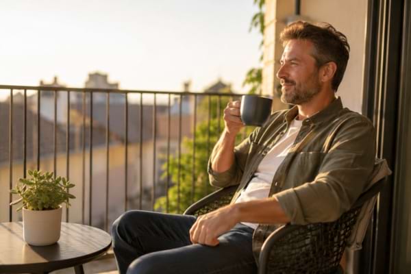 a relaxed man in his 40s enjoying a peaceful morning coffee on a sunny balcony