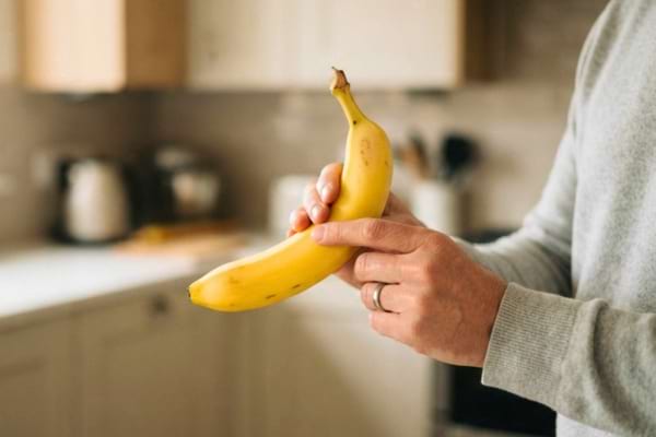 une main d'homme tenant une seule banane parfaitement jaune