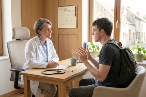 Un médecin bienveillant en blouse blanche écoute attentivement un jeune patient