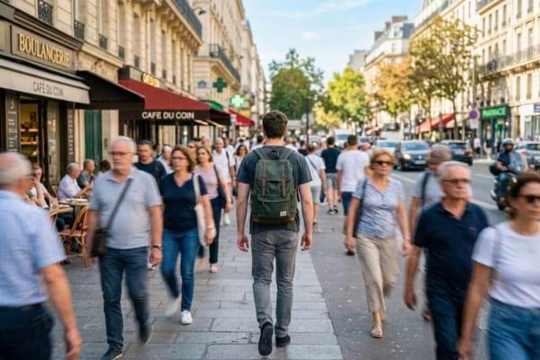 un jeune homme dans la vingtaine, vu de dos, marchant d'un pas décidé