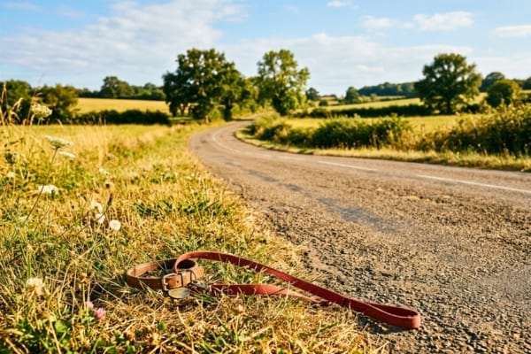 une laisse vide et un collier abandonnés sur le bas-côté herbeux