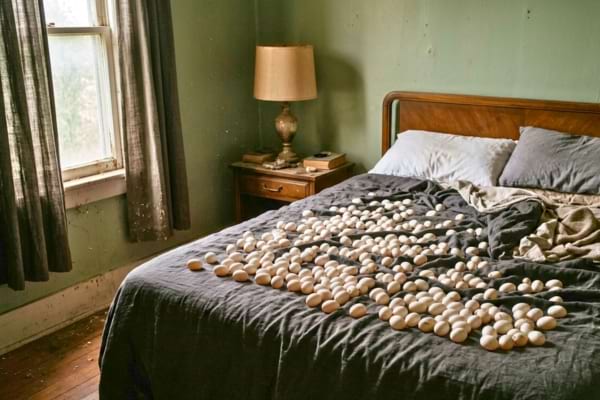 slightly dusty bedroom where a modern bed is covered with dozens of small, soft white reptile eggs