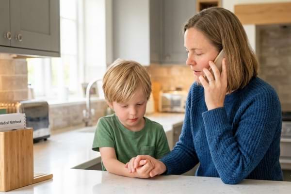 un parent au téléphone avec une expression concentrée mais calme