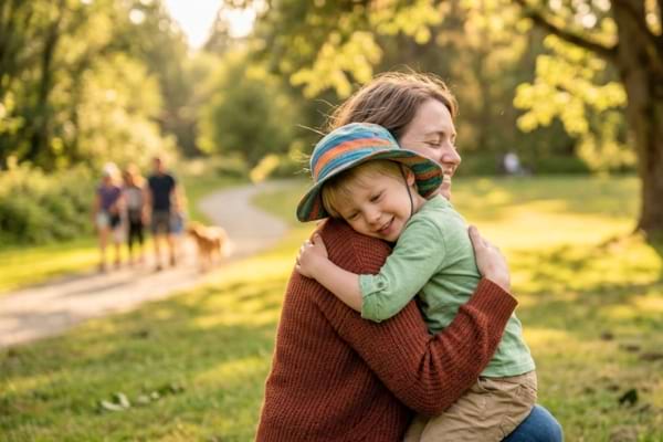 un parent et de son enfant se faisant un câlin dans un parc
