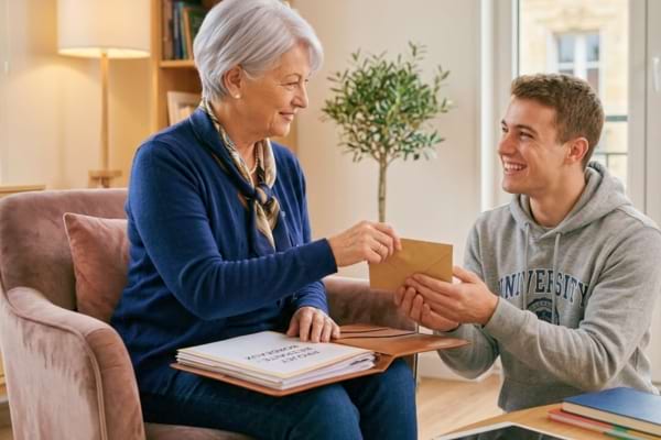 Une grand-mère élégante assise dans un salon chaleureux, glissant une enveloppe épaisse dans les mains de son petit-fils