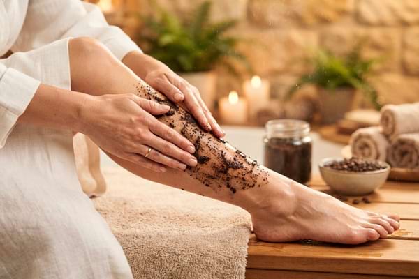 Des mains de femme massant doucement un gommage naturel au café sur la peau de sa jambe
