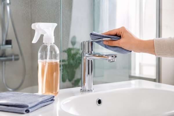 Nettoyage d&rsquo;un robinet de salle de bains avec un spray au vinaigre blanc et &agrave; la cannelle.
