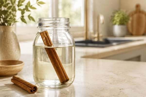 Bocal de vinaigre blanc infus&eacute; avec des b&acirc;tons de cannelle dans une cuisine lumineuse.