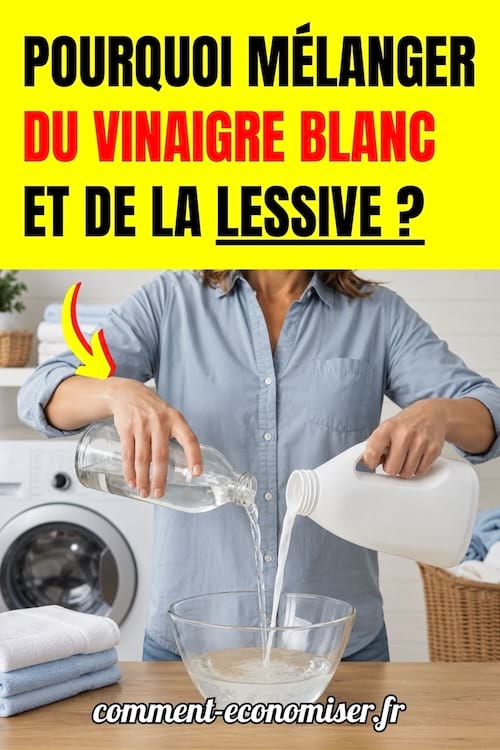 une femme mélange du vinaigre blanc et de la lessive dans un récipient devant une machine à laver