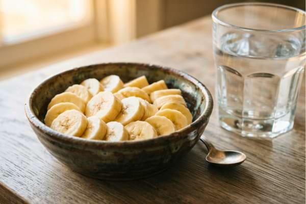 de belles rondelles de banane fraîche disposées dans un bol rustique, avec un grand verre d'eau transparente à côté
