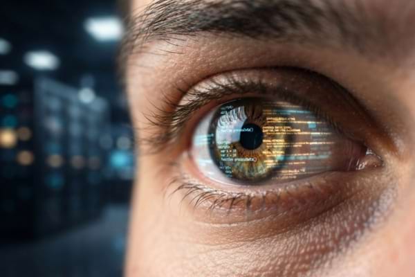 n œil humain reflétant des lignes de code discrètes et des résultats de recherche lumineux.
