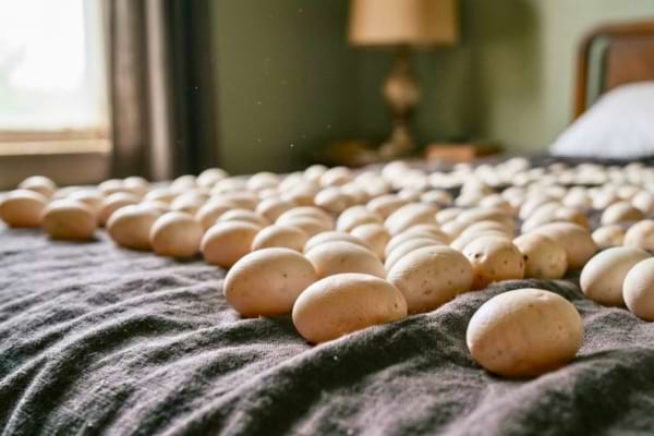 leathery white reptile eggs resting on a textured fabric bedsheet