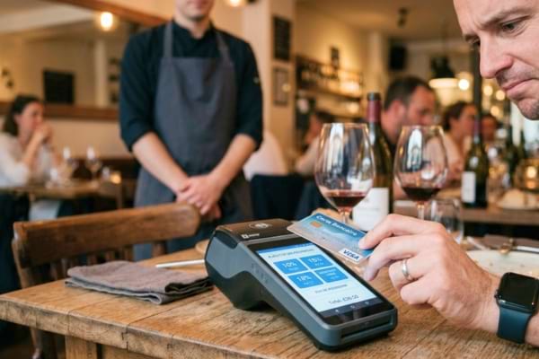 un client au restaurant tenant une carte bancaire, regardant un terminal de paiement