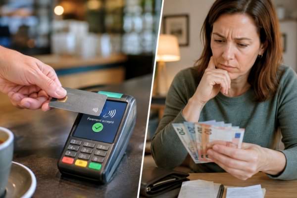 Split screen realistic photo showing a person tapping a card on a terminal, and counting physical cash