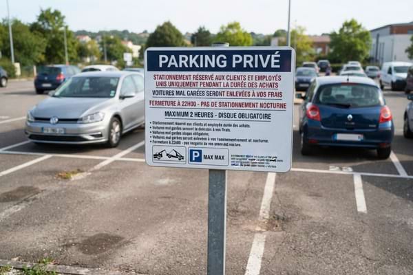 'un panneau de stationnement privé avec des règles strictes écrit en petits caractères