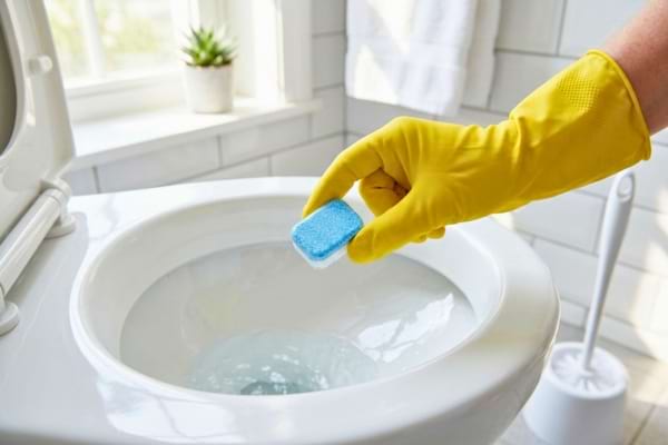 une main portant un gant de m&eacute;nage jaune tenant une pastille de lave-vaisselle au-dessus d'une cuvette de toilettes