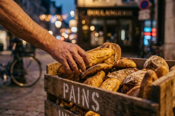 'une main prenant respectueusement une baguette dans une caisse en bois remplie de pain