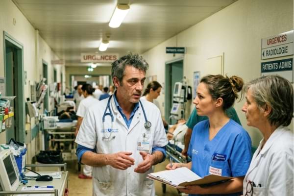 un m&eacute;decin fatigu&eacute; mais d&eacute;termin&eacute;, portant une blouse blanche, discutant s&eacute;rieusement avec des coll&egrave;gues