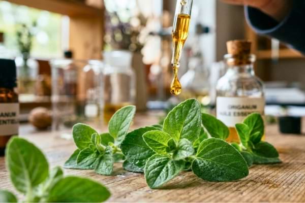 une goutte d'huile essentielle dorée tombant d'une pipette en verre sur des feuilles d'origan frais