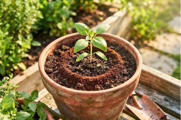 Du marc de café sec saupoudré en une ligne protectrice autour d'une jeune pousse verte dans un pot