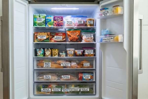 A pristine, organized home freezer interior, showing properly spaced food items
