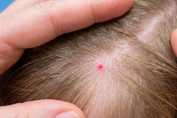 une très petite rougeur sur un cuir chevelu d'enfant, partiellement cachée par des mèches de cheveux