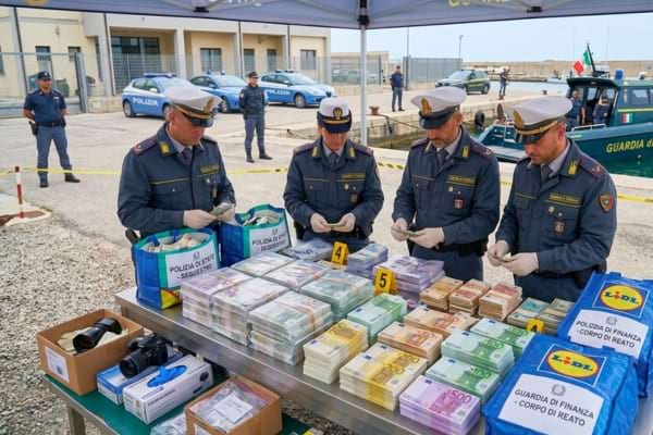 Italian police officers in uniform inspecting thick stacks of euro cash on a large table