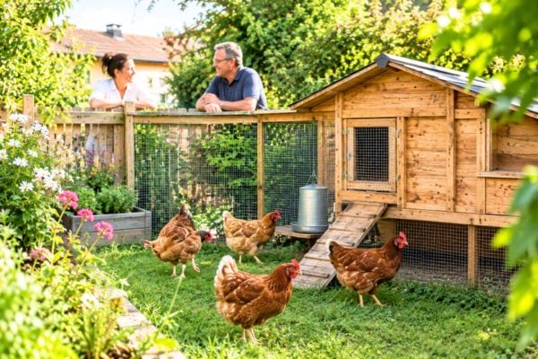poulailler en bois avec des poules et des voisins qui discutent