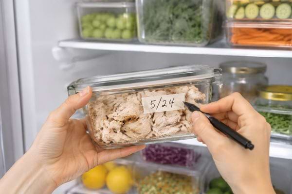 Date de pr&eacute;paration inscrite sur une bo&icirc;te de poulet avant sa conservation au frais.