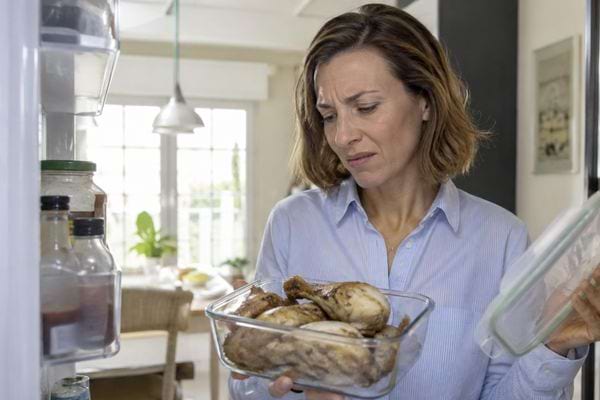 Femme examinant avec m&eacute;fiance des restes de poulet sortis du r&eacute;frig&eacute;rateur.