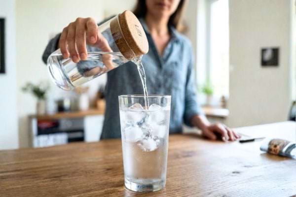 femmequi se verse un verre d'eau glacé avec des glaçons