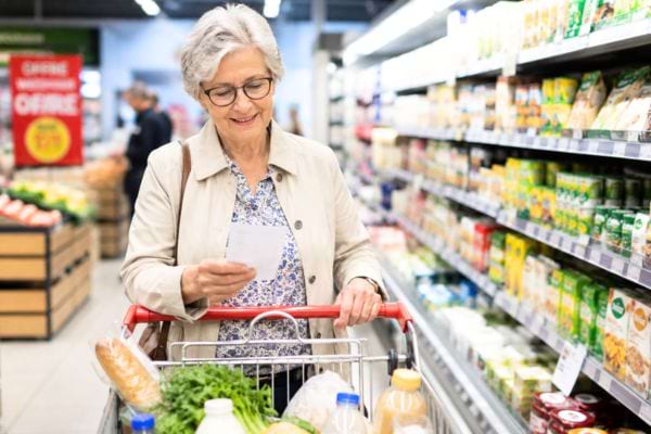 femme aux cheveux gris qui regarde sa liste dans un rayon supermarch&eacute;