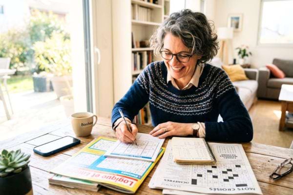 femme heureuse qui fait des tests de logiques