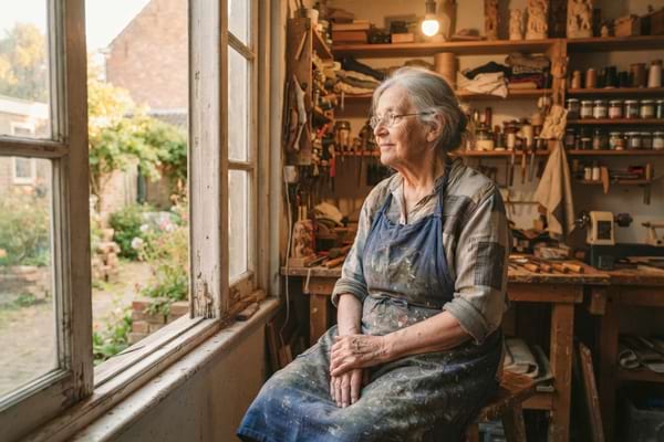 une femme senior aux cheveux gris, portant un tablier de travail us&eacute;,