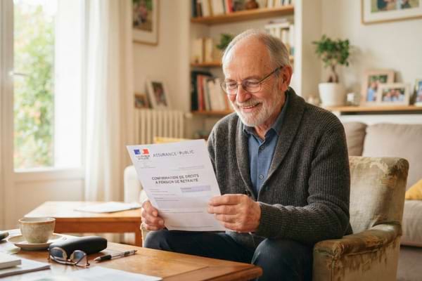 un homme &acirc;g&eacute; souriant l&eacute;g&egrave;rement avec soulagement, tenant un document administratif officiel