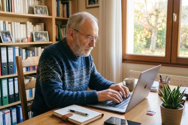 un homme de 70 ans, concentré, tapant sur le clavier d'un ordinateur portable dans un bureau
