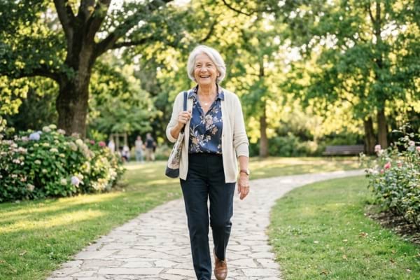 une femme de 80 ans aux cheveux blancs, se promenant dans un parc ensoleillé