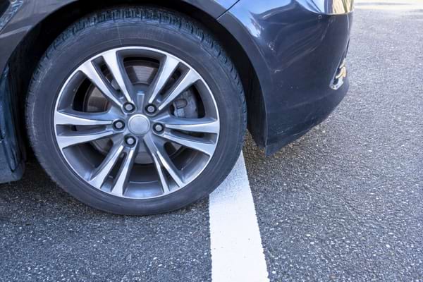 ne roue avant de voiture empiétant de quelques centimètres sur une ligne blanche peinte sur l'asphalte