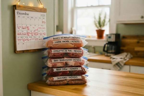A calendar next to neatly labeled freezer bags of meat, emphasizing organization and dating,