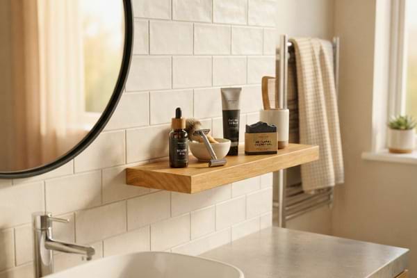 une salle de bain moderne et lumineuse, avec des produits de soin pour hommes