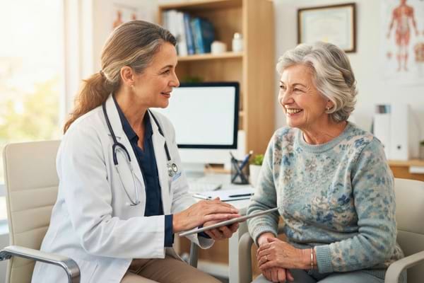 un médecin bienveillant en consultation avec une patiente de 70 ans souriante,