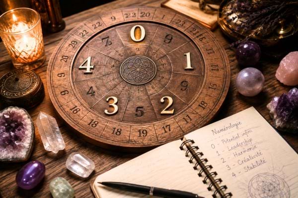roue en bois de numérologie avec les chffres 0 à 4 allumés