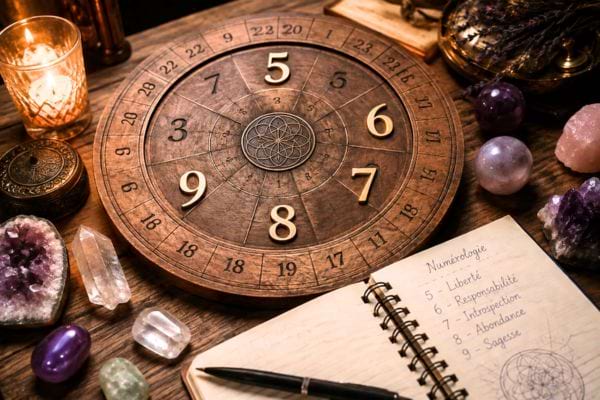 roue en bois de numérologie avec les chiffres 5 à 9 allumés