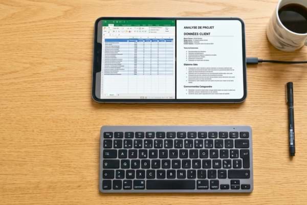 un smartphone avec une diagonale de 10 pouces connecté à un petit clavier bluetouth