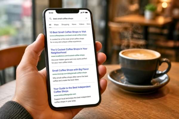 n smartphone tenu en main affichant une page de recherche propre, minimaliste et sans images