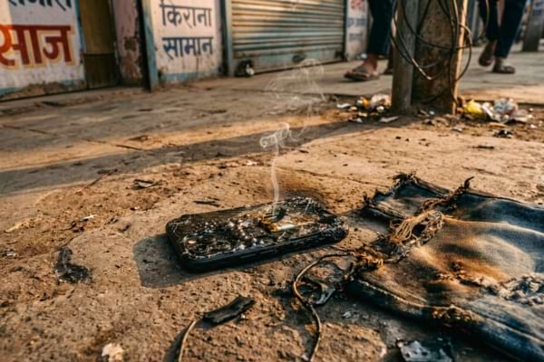Un trottoir urbain en Inde. Au sol, un smartphone moderne compl&egrave;tement calcin&eacute;
