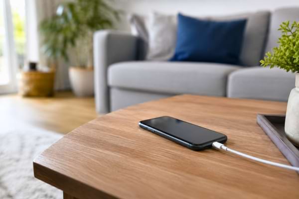 Un smartphone pos&eacute; sur une table en bois &agrave; l'abri du soleil, branch&eacute; avec un &eacute;quipement officiel